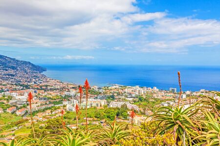 Funchal, Madeira - view over the capital city of the island towards harbor. View from Pico dos Barcelo - Atlantic Ocean in the background.の写真素材