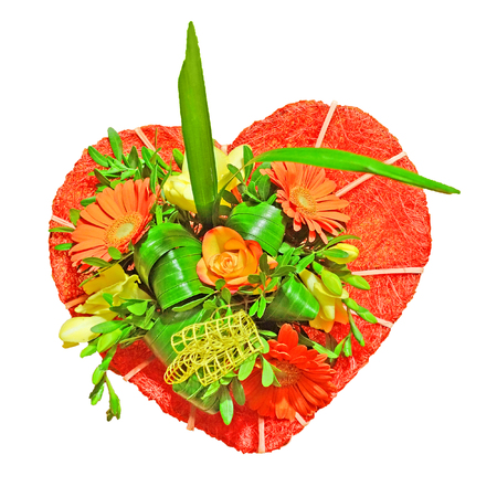 Bouquet of flowers in heart shape form isolated on white backgroundの写真素材