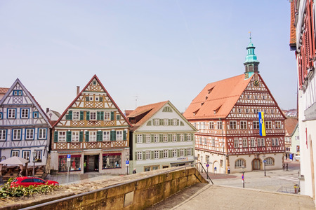 Backnang, Germany - April 03, 2016: In the city center of Backnang at marketplace, town hall  on the right, half-timbered buildings.のeditorial素材