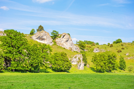 Rocks at valley Eselsburger Tal near river Brenz - jewel of the swabian alps, meadow in frontの写真素材