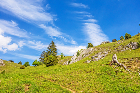 Mountains of the valley Eselsburger Tal near river Brenz - jewel of the Swabian Alps (Schwaebische Alb)の写真素材