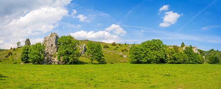 Valley Eselsburger Tal panorama - impressive rocks near river Brenz - jewel of the swabian alpsの写真素材