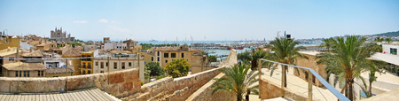 Palma de Majorca, Spain - June 25, 2008: View over Port de Palma from museum Es Baluard - palm and old wall in frontのeditorial素材