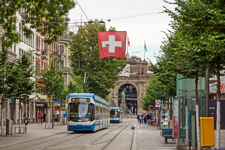 Zurich, Switzerland - June 10, 2017: Shopping promenade called Bahnhofstrasse, inner city of Zurich....