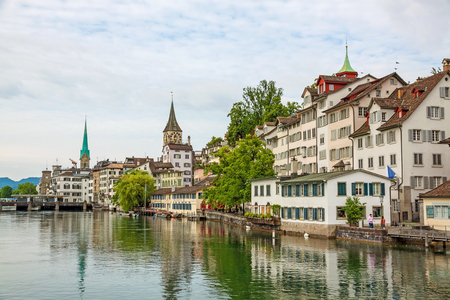 Zurich, Switzerland - June 10, 2017: Zurich downtown, with Fraumunster and St. Peter. View towards Lindenhof, Schipfe street, river Limmat in front.のeditorial素材