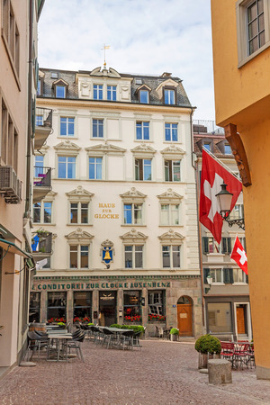 Zurich, Switzerland - June 10, 2017: Restaurant Haus zur Glocke, traditional building facade in downtown Zuerich.のeditorial素材