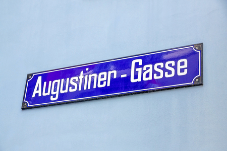 Zurich, Switzerland - June 10, 2017: Street sign of Augustinergasse in Zuerich, Lindenhof quarter.のeditorial素材