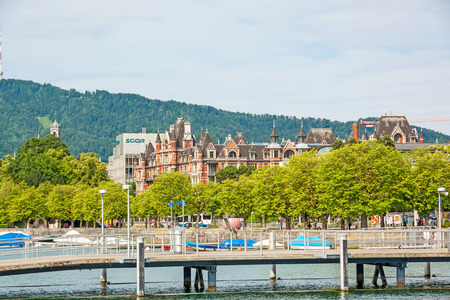 Zurich, Switzerland - June 10, 2017: View of General-Guisan-Quai street / Arboretum from Burkliplatz / Burkliterrasse.のeditorial素材