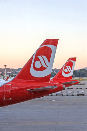 Zurich, Switzerland - June 11, 2017: Airport Zurich - airplane tail fin of airline "Air Berlin" planeのeditorial素材