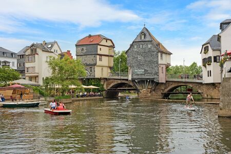Bad Kreuznach, Germany - June 17, 2017: Inner city of Bad Kreuznach, river Nahe with old, famous buildings and bridgeのeditorial素材