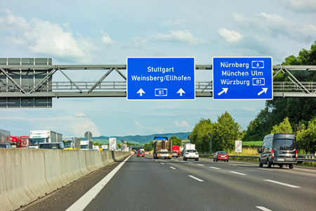 Weinsberg, Germany - June 28, 2017: Highway A6 / A81(Autobahn) near town Weinsberg, interchange "Kreuz Weinsberg" - direction Stuttgart / Weinsberg - Nurnberg / Munich / Wurzburgのeditorial素材