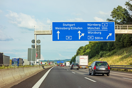 Weinsberg, Germany - June 28, 2017: Highway A6 / A81(Autobahn) near town Weinsberg, interchange "Kreuz Weinsberg" - direction Stuttgart / Weinsberg - Nurnberg / Munich / Wurzburgのeditorial素材