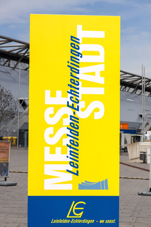 Leinfelden-Echterdingen, Germany - May 06, 2017: Trade fair Stuttgart, advertising poster trade fair city Leinfelden-Echterdingen (Messestadt)のeditorial素材
