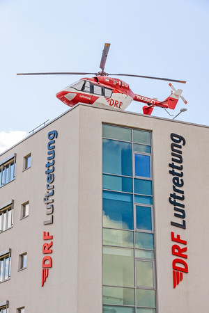 Stuttgart, Germany - April 29, 2017: Air rescue helicopter (DRF Luftrettung) near airport Stuttgartのeditorial素材