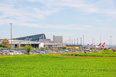 Stuttgart, Germany - May 06, 2017: Airport Stuttgart, Terminal, exterior view with green field in foregroundのeditorial素材