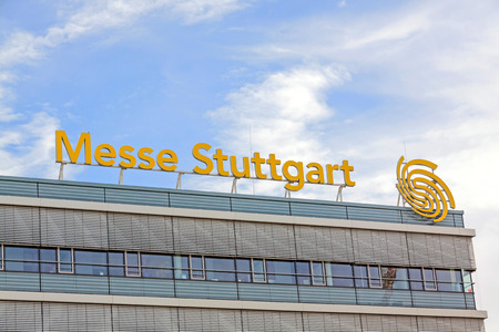 Stuttgart, Germany - May 06, 2017: Trade fair Stuttgart - corporate logo at building facadeのeditorial素材