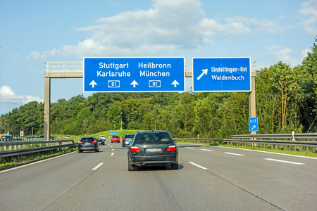 motorway road sign on (Autobahn 81 / A 81 / E 531) freeway interchange Stuttgart / Karlsruhe - Heilbronn / Munich (Munchen) - exit Sindelfingen / Waldenbuchのeditorial素材