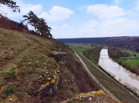 River Neckar near the Hessigheimer Felsengaerten, a tourist sight in Hessigheim.の写真素材