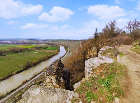 Rocks of the Hessigheimer Felsengaerten with river Neckar in background near town of Mundelsheimの写真素材