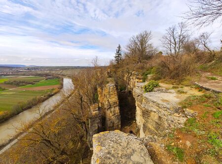 Rocks of the Hessigheimer Felsengaerten with river Neckar in background near town of Mundelsheimの写真素材