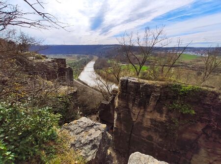 Rocks of the Hessigheimer Felsengaerten with river Neckar in background near town of Mundelsheimの写真素材