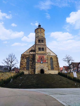 Schwaebisch Hall, Germany - January 02, 2020: Church Sankt Michael in Schwaebisch Hall, marketplace...