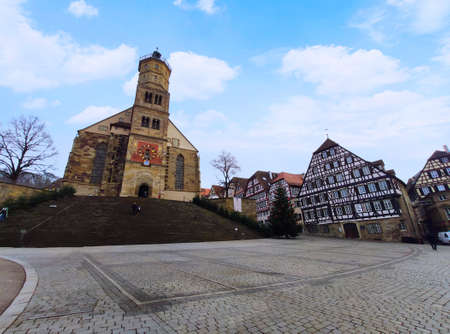 Schwaebisch Hall, Germany - January 02, 2020: Church Sankt Michael in Schwaebisch Hall, marketplace...
