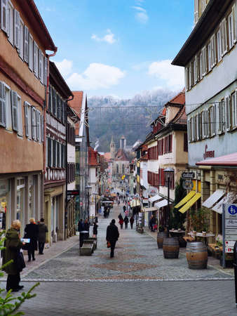 Ort, Land - January 02, 2020: People in Shopping Street Marktstrasse, decorated for Christmas.