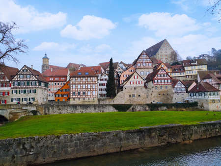 Schwaebisch Hall, Germany - January 02, 2020: Old town of Schwaebisch Hall in Southern Germany with traditional half-timbered houses.のeditorial素材