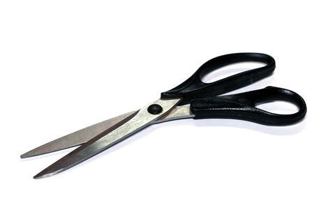 Sharp Scissors with Black Handle Isolated on Whiteの写真素材