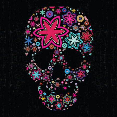 Colorful skull on black grunge backgroundのイラスト素材