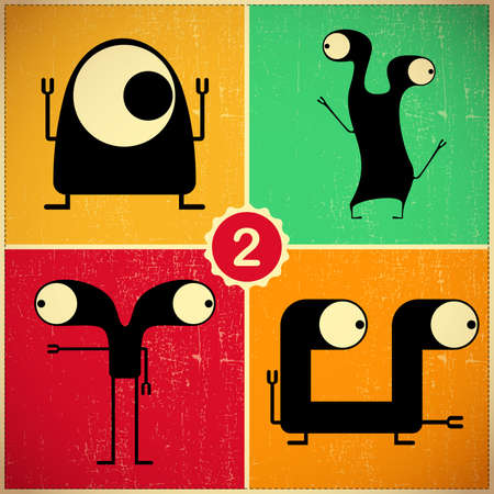 Set of four monsters at retro grunge backgroundのイラスト素材