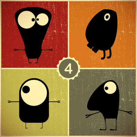 Set of four monsters at retro grunge backgroundのイラスト素材