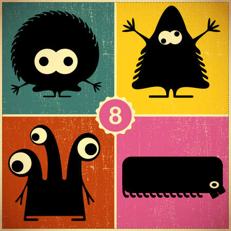 Set of four monsters at retro grunge backgroundのイラスト素材