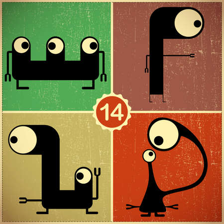Set of four monsters at retro grunge backgroundのイラスト素材
