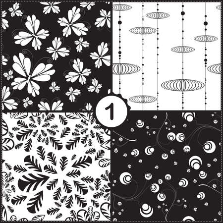 Vector set of four seamless pattern with flowers, butterfly and decorative elementsのイラスト素材