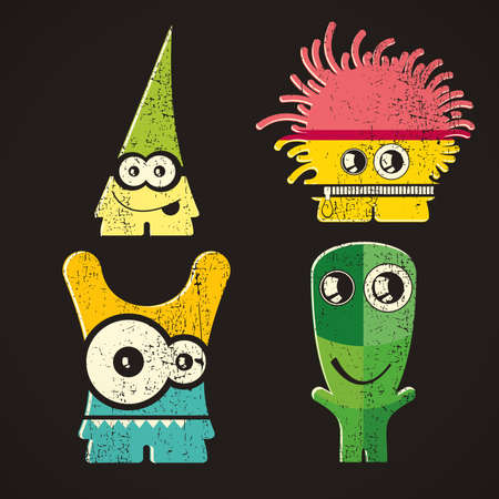 Set of four monsters on retro grunge background
