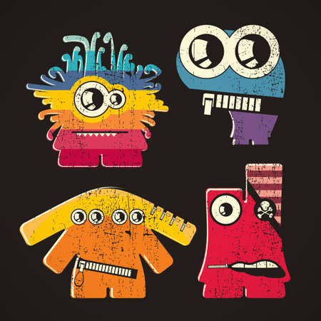 Set of four monsters on retro grunge backgroundのイラスト素材
