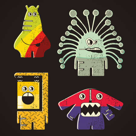 Set of four monsters on retro grunge backgroundのイラスト素材