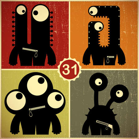 Set of four monsters on retro grunge backgroundのイラスト素材