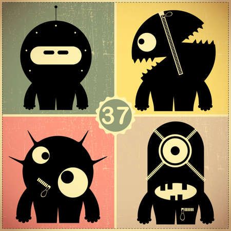 Set of four monsters on retro grunge backgroundのイラスト素材