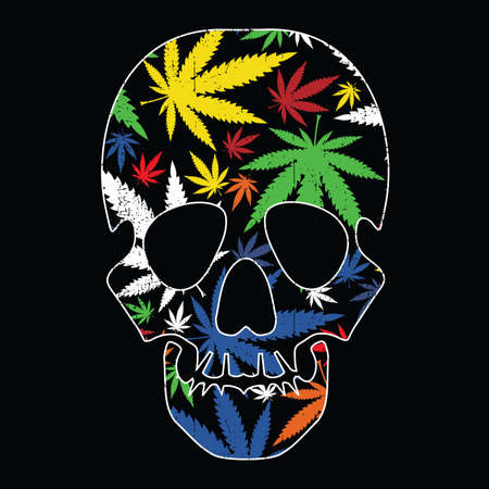 Cannabis leafs and skull on black grunge backgroundのイラスト素材