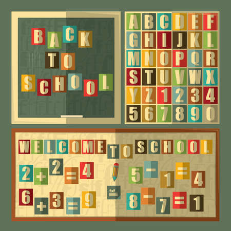 Back to school on blackboard, alphabet, numbers  Retro style illustration のイラスト素材