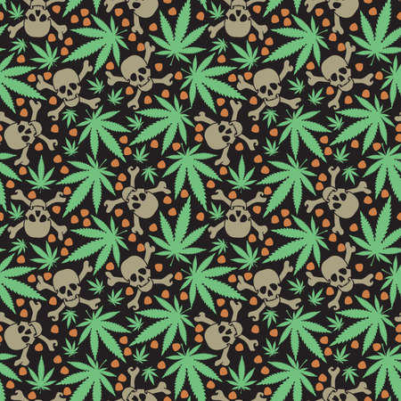 Cannabis leafs with skulls - seamless patternのイラスト素材