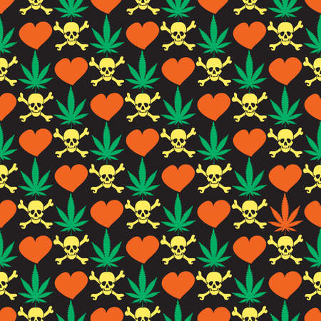 Cannabis leafs with skulls and hearts - seamless patternのイラスト素材