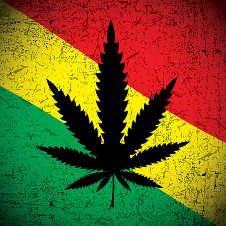 Cannabis leaf on grunge rastafarian flag. Vector illustrationのイラスト素材