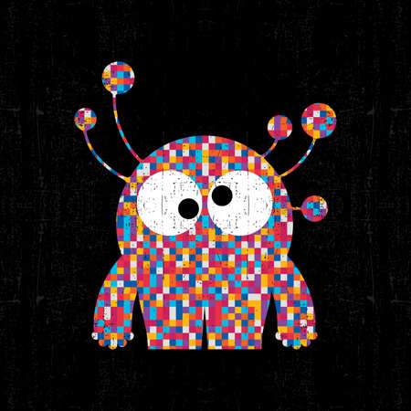 Colorful pixel monster on black grunge background. Vector illustrationのイラスト素材