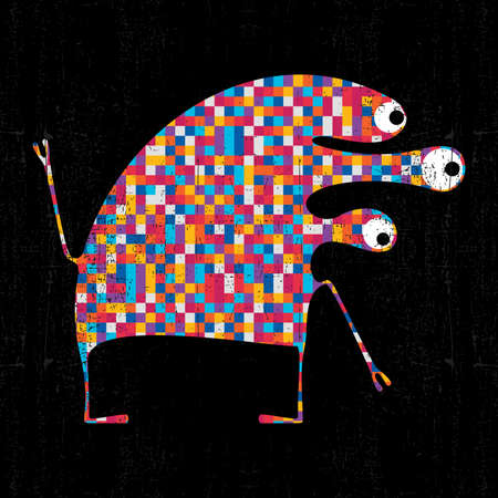 Colorful pixel monster on black grunge background. Vector illustrationのイラスト素材