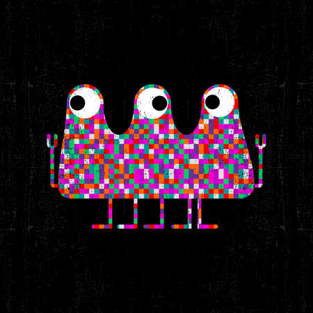 Colorful pixel monster on black grunge background. Vector illustrationのイラスト素材