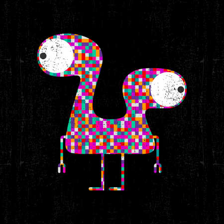 Colorful pixel monster on black grunge background. Vector illustrationのイラスト素材